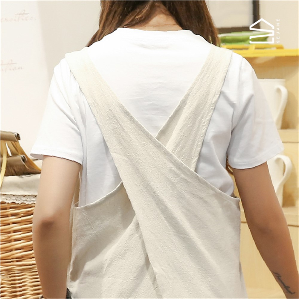 BC0401 Pure Color Linen Household Apron Coffee Shop Apron - White-4