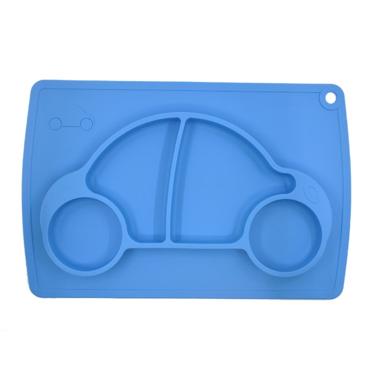 WINLY Car Design Baby Feeding One-Piece Silicone Placemat + Plate (FDA Certification) - Blue-1
