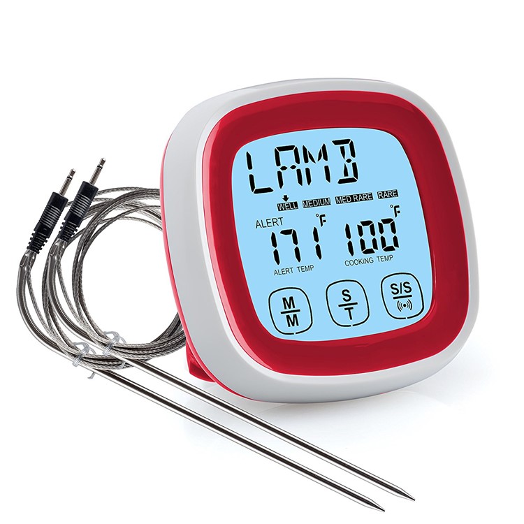 Touchscreen Oven Meat Thermometer and Timer Accurate Digital Grill Cooking Thermometers with Two Probes - Red-1