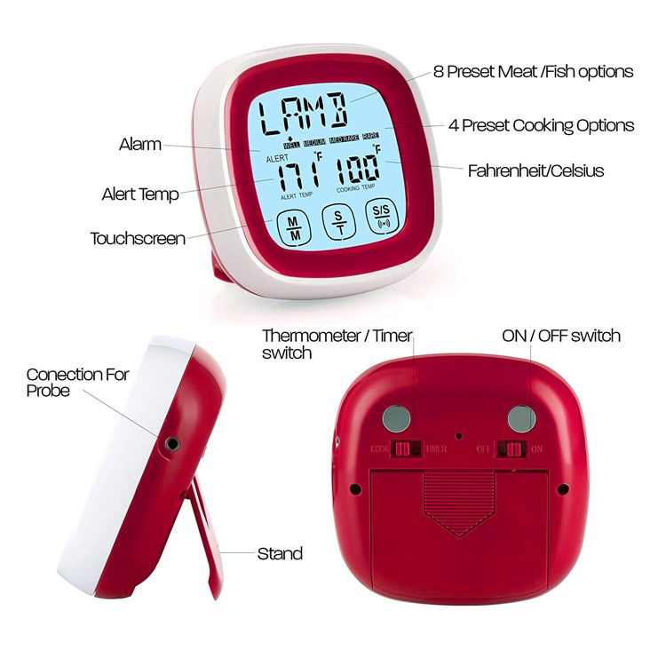 Touchscreen Oven Meat Thermometer and Timer Accurate Digital Grill Cooking Thermometers with Two Probes - Red-5