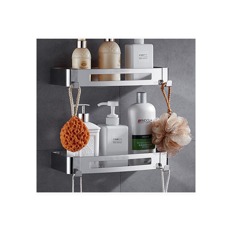 Free Punch 304 Stainless Steel Bathroom Storage Rack Single Layer with Hooks-1