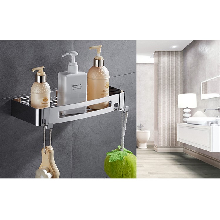 Free Punch 304 Stainless Steel Bathroom Storage Rack Single Layer with Hooks-2