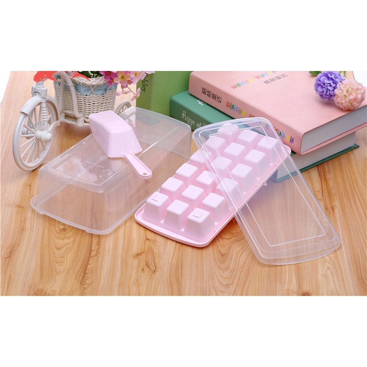 Ice Cube Tray with Lid, Ice Scoop, Ice Cube Bin Storage Box Makes 18 Ice Cubes-2