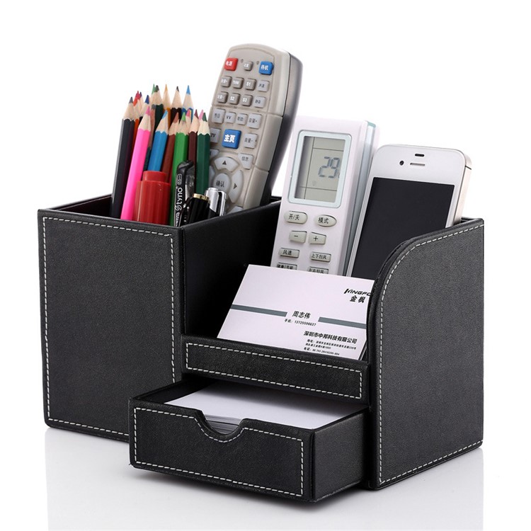 Multi-functional PU Leather Desktop Organizer Pen Stationery Holder Storage Container - Black-1