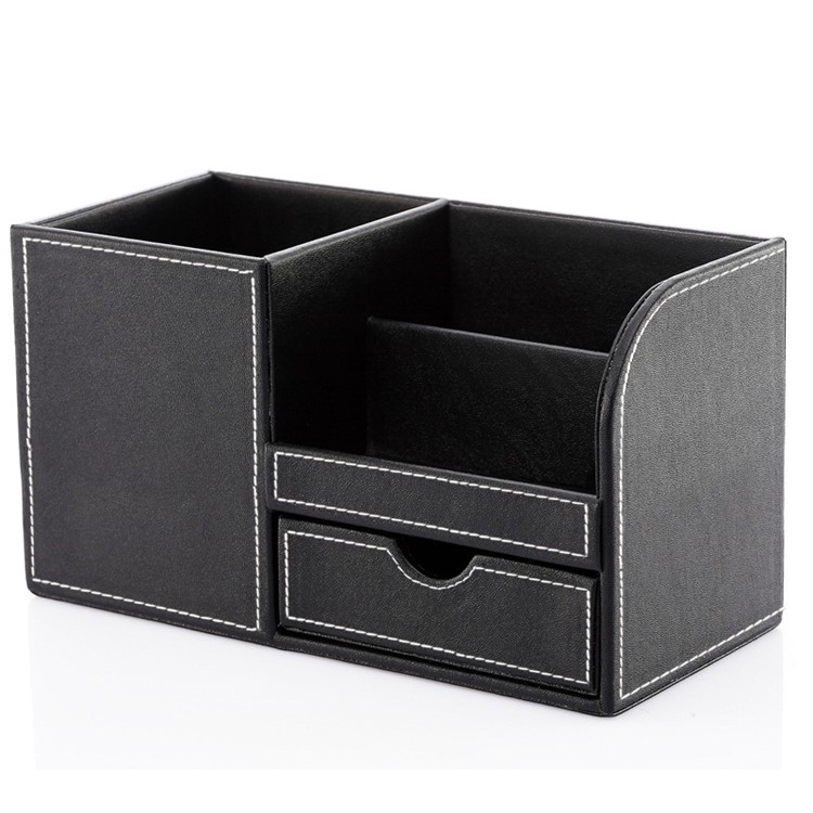 Multi-functional PU Leather Desktop Organizer Pen Stationery Holder Storage Container - Black-2