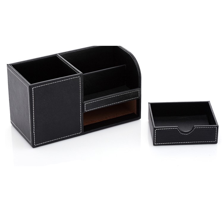 Multi-functional PU Leather Desktop Organizer Pen Stationery Holder Storage Container - Black-4