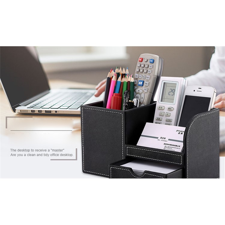 Multi-functional PU Leather Desktop Organizer Pen Stationery Holder Storage Container - Black-6