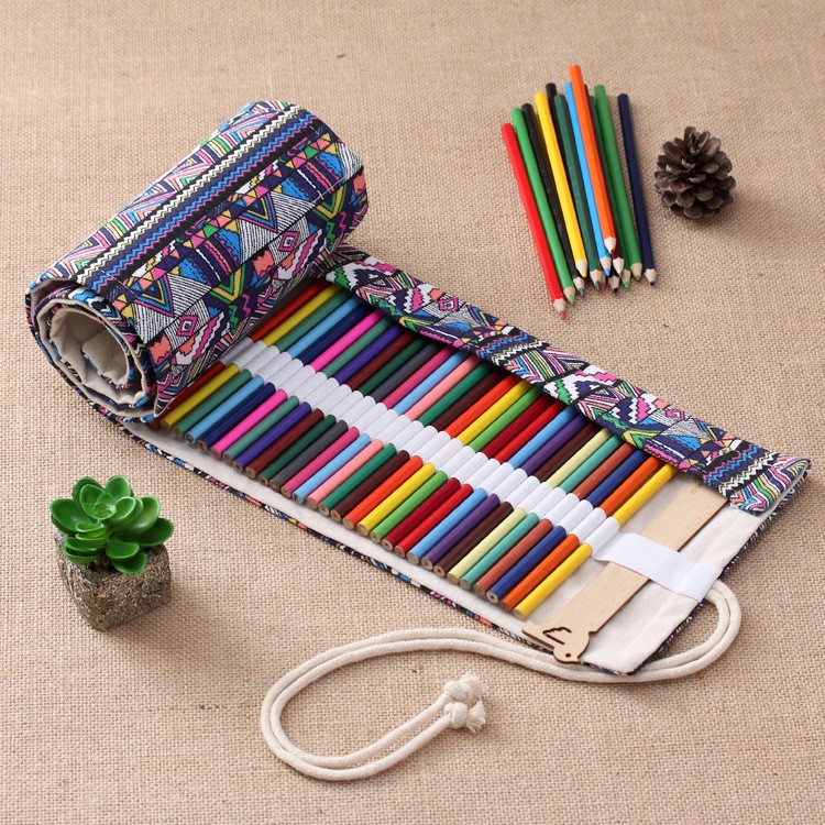 Chinese Folk-custom Pattern Canvas Pencils Organizer Pouch Case 56 x 20 cm (48 holes ) - Colorful Tribe Pattern-1