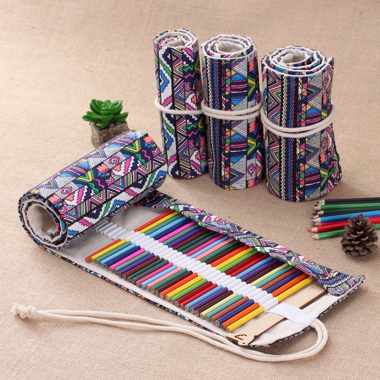 Chinese Folk-custom Pattern Canvas Pencils Organizer Pouch Case 56 x 20 cm (48 holes ) - Colorful Tribe Pattern-4
