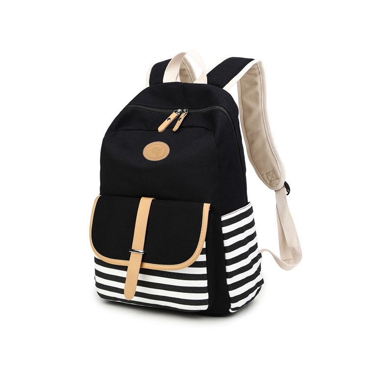 Navy Striped Backpack Rucksack Laptop Schoolbag Outdoor Shoulder Travel Bag - Black-1