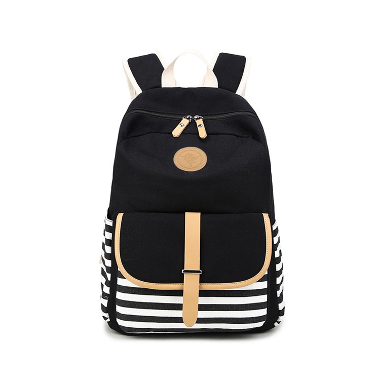 Navy Striped Backpack Rucksack Laptop Schoolbag Outdoor Shoulder Travel Bag - Black-2