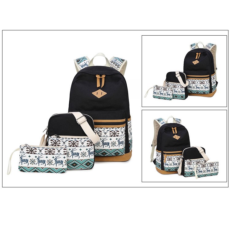Ethnic Snow and Elk Pattern Canvas Backpack School Bag + Messenger Bag + Handbag 3 in 1 Bag Set-3