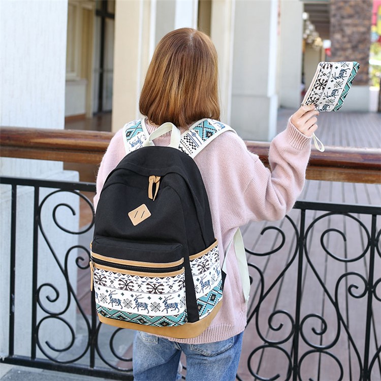 Ethnic Snow and Elk Pattern Canvas Backpack School Bag + Messenger Bag + Handbag 3 in 1 Bag Set-4