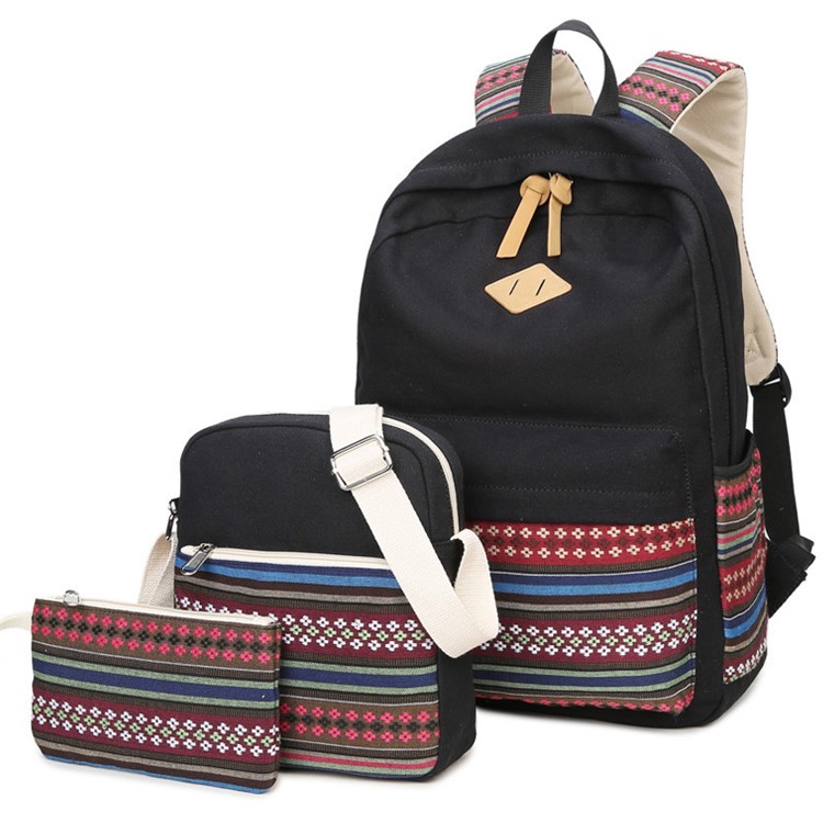 3 in 1 Ethnic Flower Pattern Canvas Backpack School Bag + Messenger Bag + Handbag-1