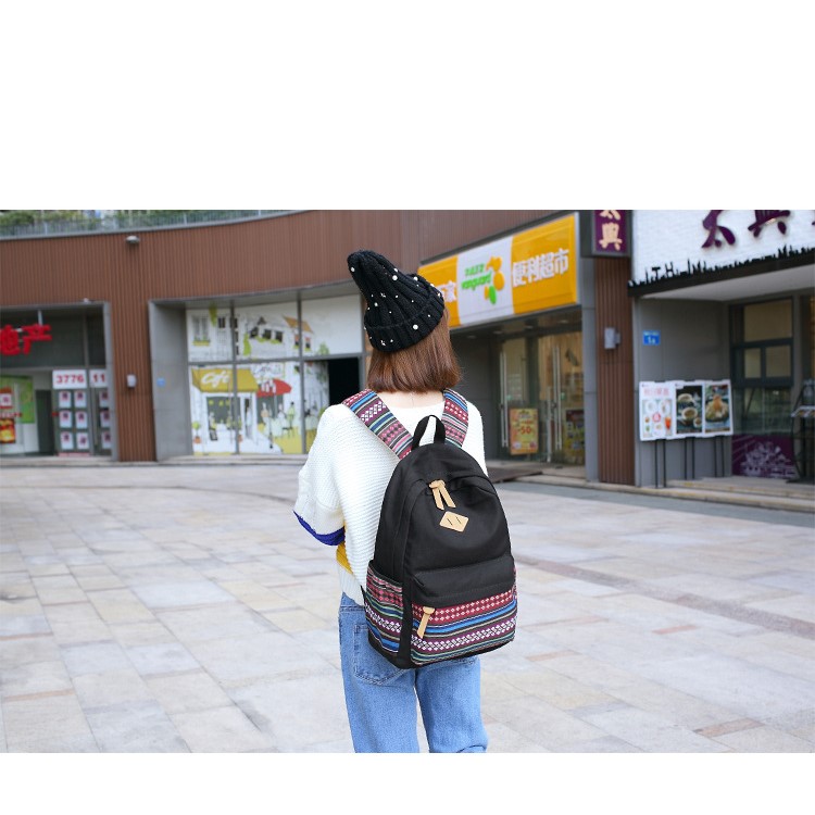 3 in 1 Ethnic Flower Pattern Canvas Backpack School Bag + Messenger Bag + Handbag-2