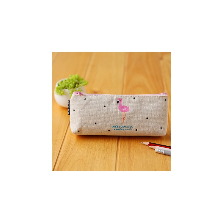 Nice Flamingo Canvas Student Pencil Case Pen Pouch Bag - Beige-1