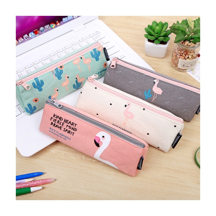 Nice Flamingo Canvas Student Pencil Case Pen Pouch Bag - Beige-2