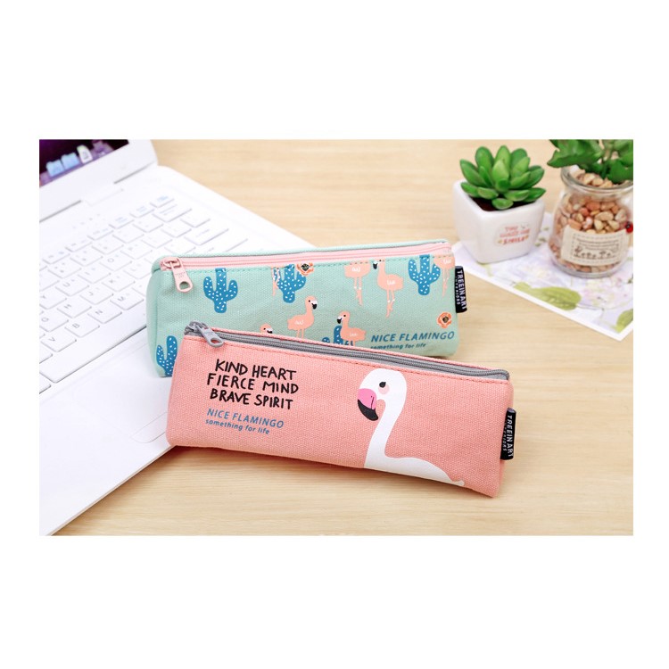 Nice Flamingo Canvas Student Pencil Case Pen Pouch Bag - Beige-4