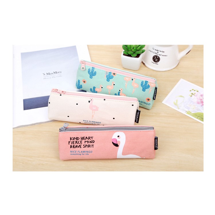 Nice Flamingo Canvas Student Pencil Case Pen Pouch Bag - Beige-5