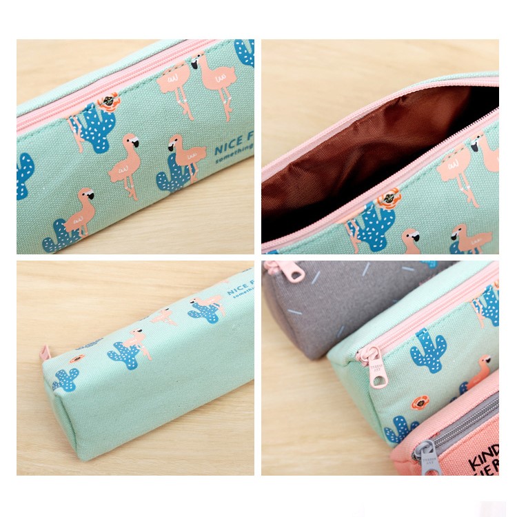 Nice Flamingo Canvas Student Pencil Case Pen Pouch Bag - Beige-6