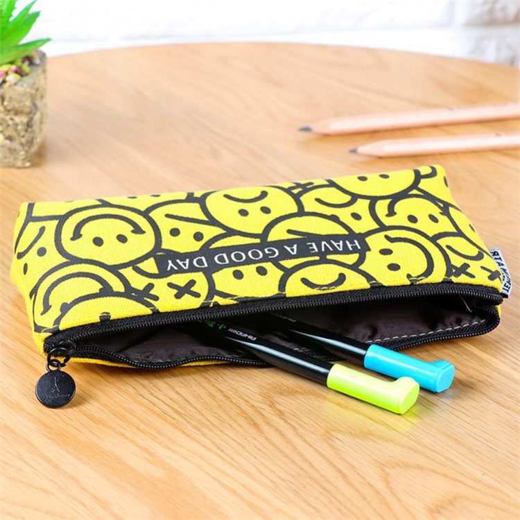 Smile Face Canvas Student Pencil Pouch Bag - Yellow / Multi Expression-1