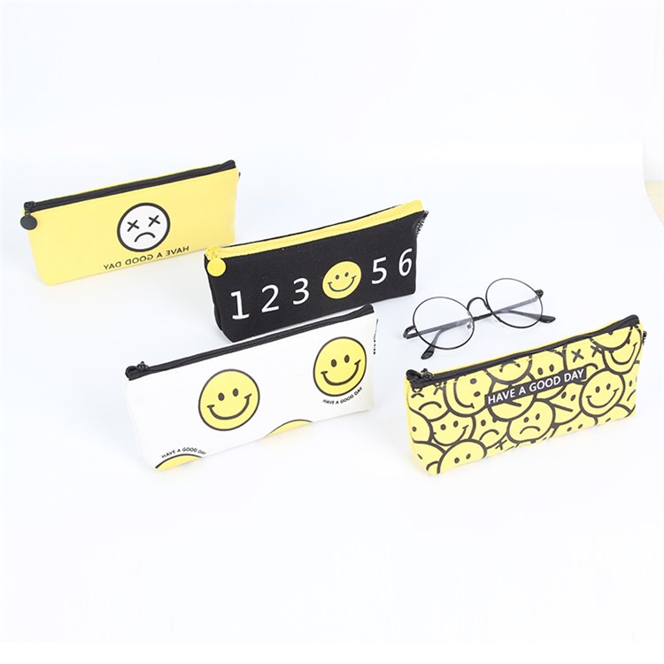 Smile Face Canvas Student Pencil Pouch Bag - Yellow / Multi Expression-2