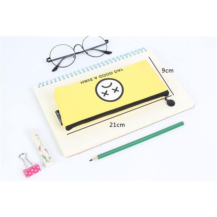 Smile Face Canvas Student Pencil Pouch Bag - Yellow / Multi Expression-3