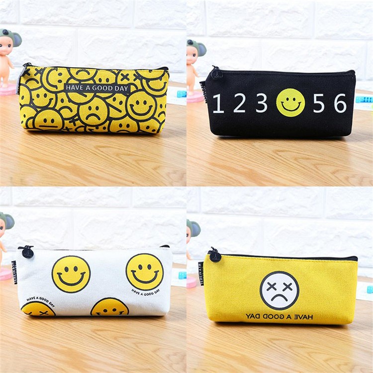 Smile Face Canvas Student Pencil Pouch Bag - Yellow / Multi Expression-5