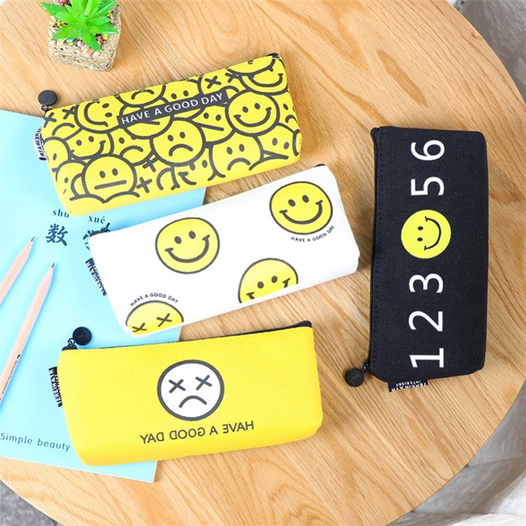 Smile Face Canvas Student Pencil Pouch Bag - Yellow / Multi Expression-6