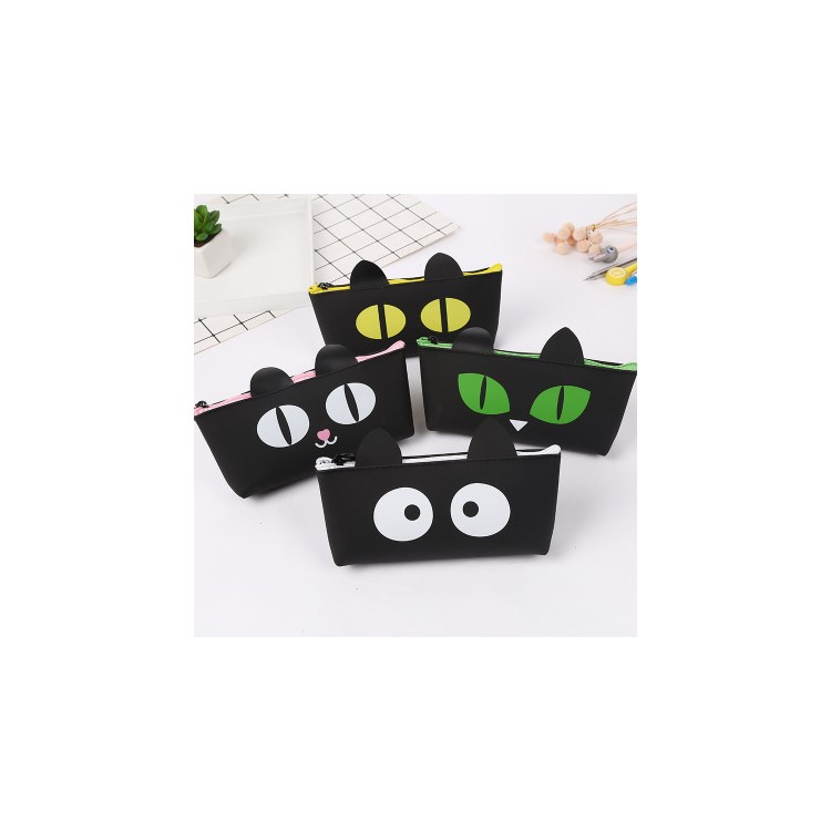 Black Cat Silicone Ladder-shaped Student Pen Pouch Bag - Green-2