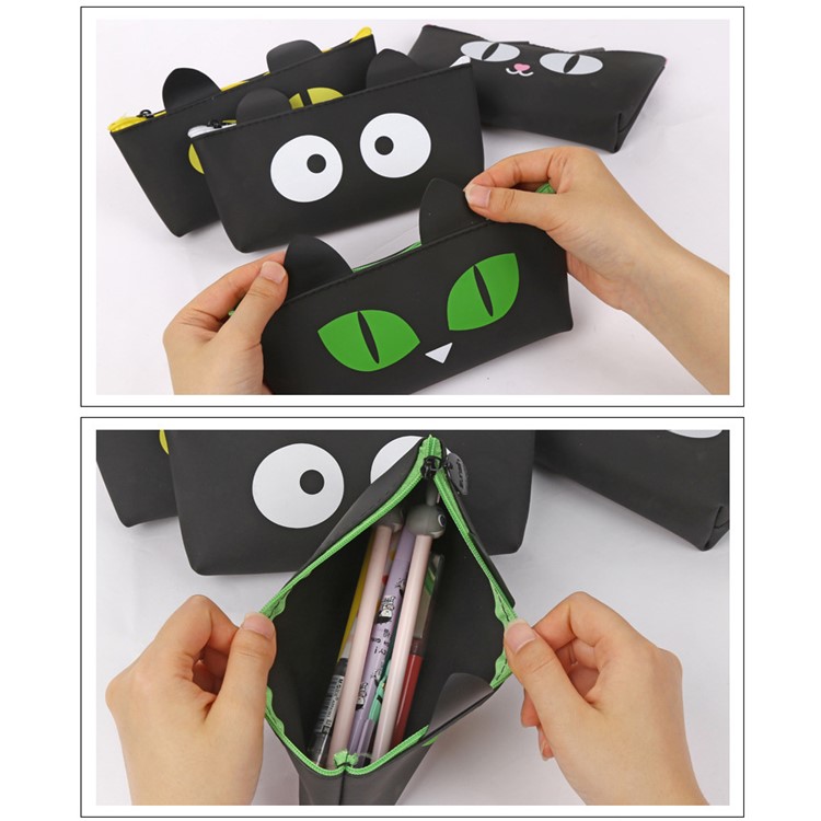 Black Cat Silicone Ladder-shaped Student Pen Pouch Bag - Green-4