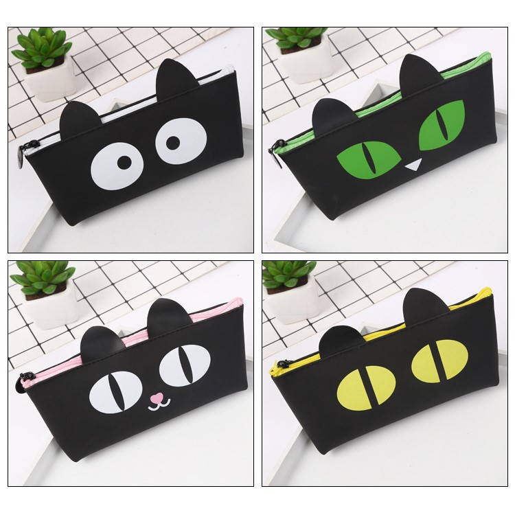 Black Cat Silicone Ladder-shaped Student Pen Pouch Bag - Green-6