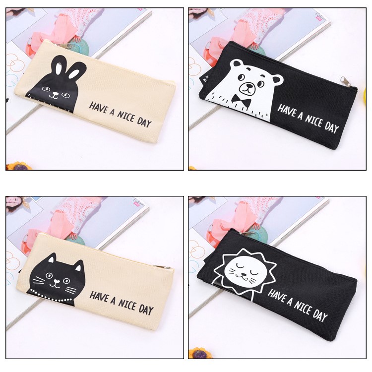 Cartoon Animal Canvas Student Pencil Bag - Bear-3