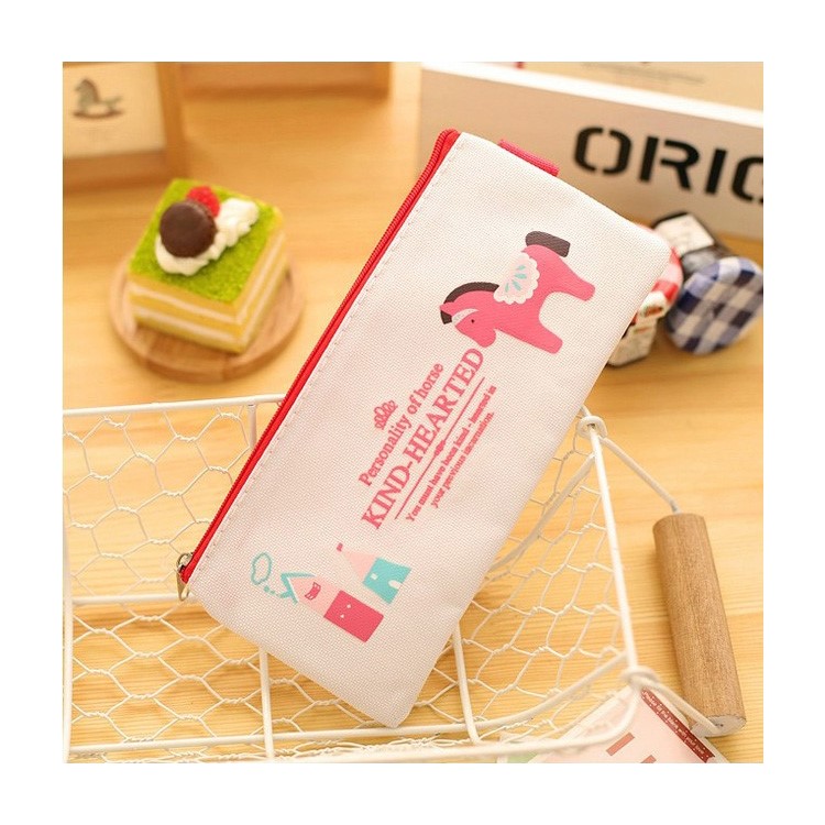 Kind-hearted Little Horse cartoon Zipper Oxford Cloth Pen Pouch Bag - White-1