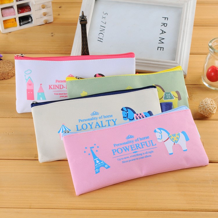 Kind-hearted Little Horse cartoon Zipper Oxford Cloth Pen Pouch Bag - White-2