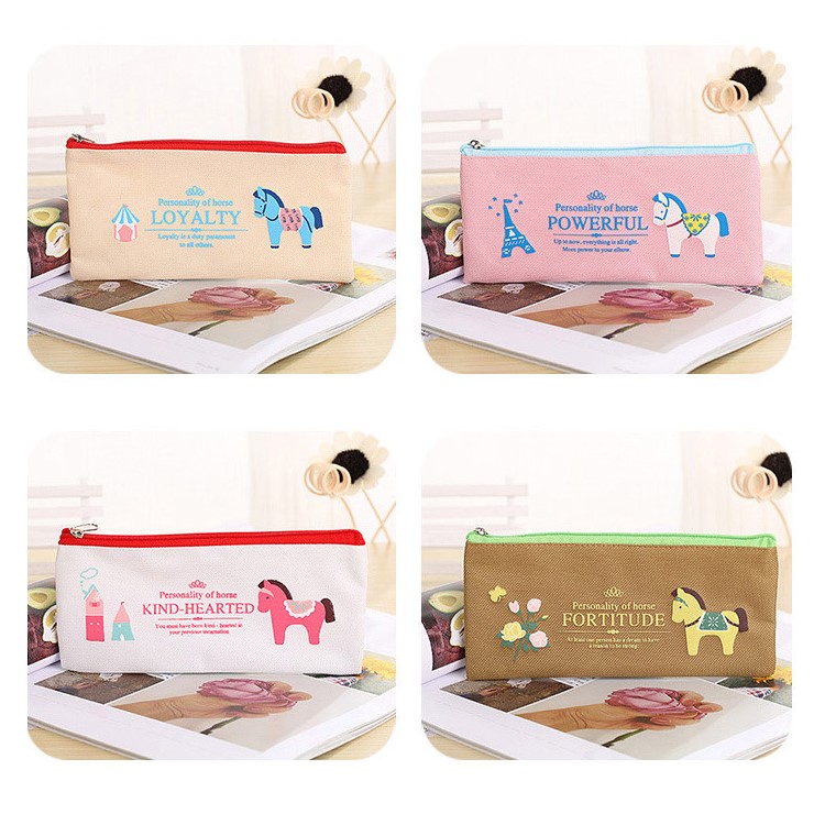 Kind-hearted Little Horse cartoon Zipper Oxford Cloth Pen Pouch Bag - White-3