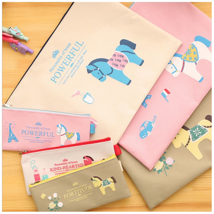 Kind-hearted Little Horse cartoon Zipper Oxford Cloth Pen Pouch Bag - White-5