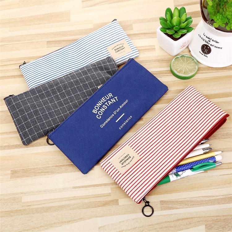Stripe Style Canvas Pen Pouch Bag 21 x 9 cm - Black-2