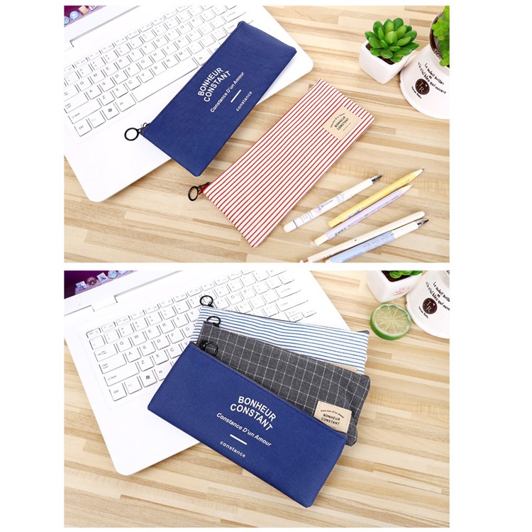 Stripe Style Canvas Pen Pouch Bag 21 x 9 cm - Black-5