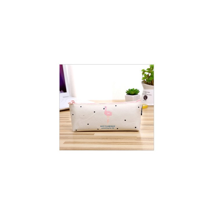 Flamingo Patterned Prism Shape Canvas Zipper Stationery Pouch Bag - White-1