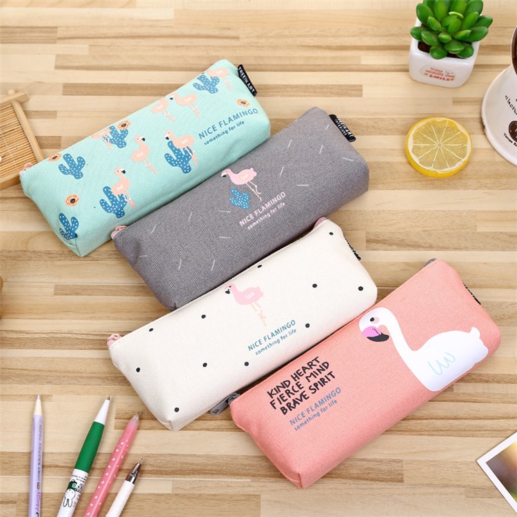 Flamingo Patterned Prism Shape Canvas Zipper Stationery Pouch Bag - White-2