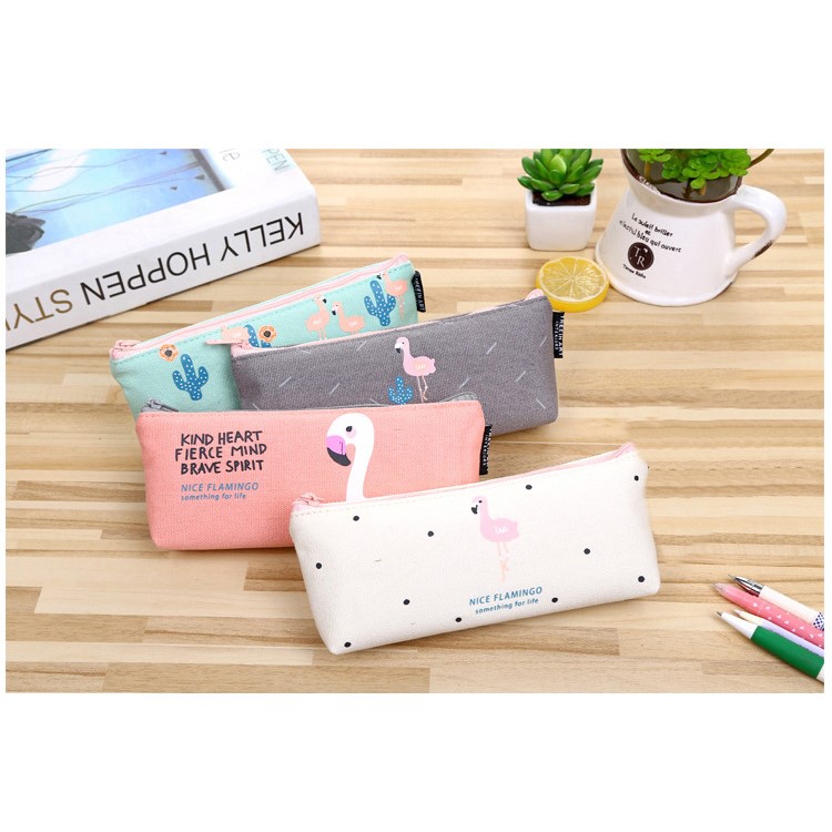 Flamingo Patterned Prism Shape Canvas Zipper Stationery Pouch Bag - White-3