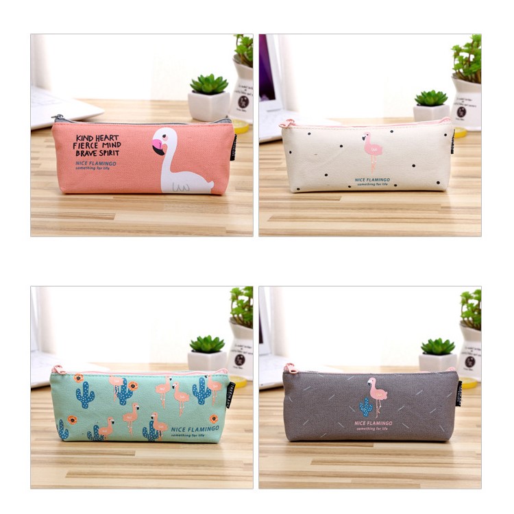 Flamingo Patterned Prism Shape Canvas Zipper Stationery Pouch Bag - White-4