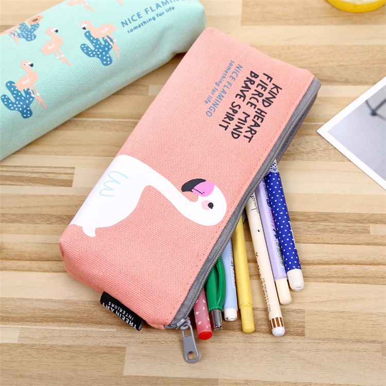 Flamingo Patterned Prism Shape Canvas Zipper Stationery Pouch Bag - White-6