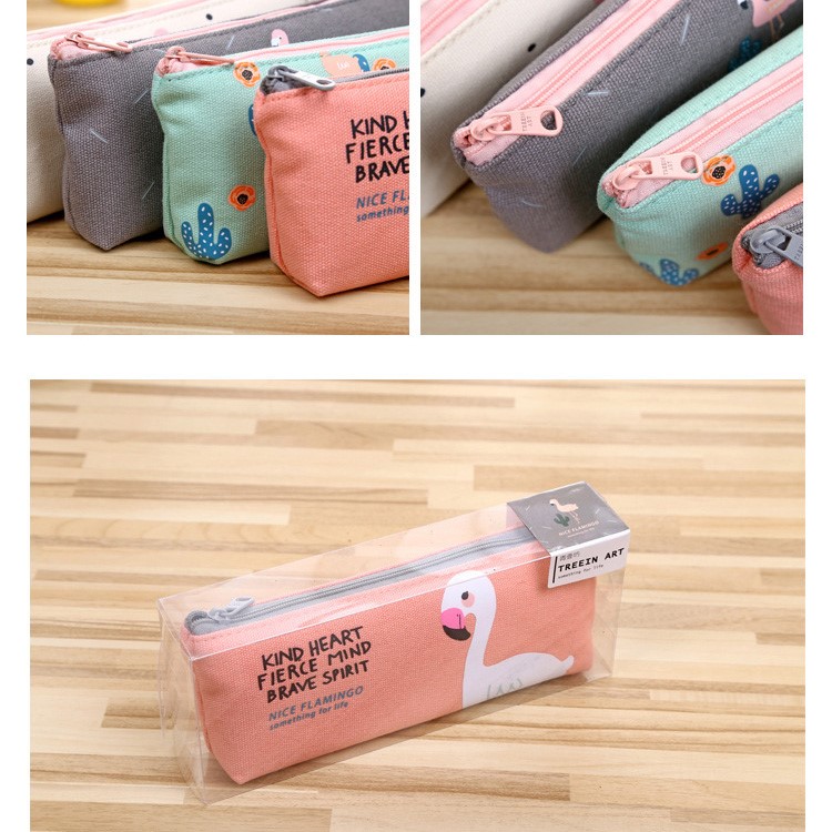 Flamingo Patterned Prism Shape Canvas Zipper Stationery Pouch Bag - White-7