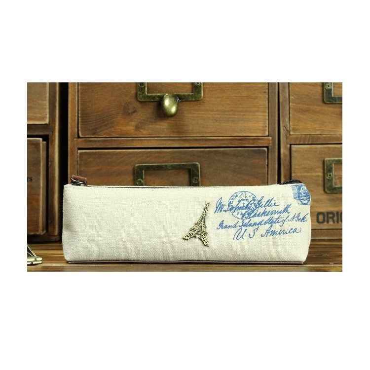 Vintage Classic Canvas Student Pencil Pouch Bag - Eiffel Tower-1