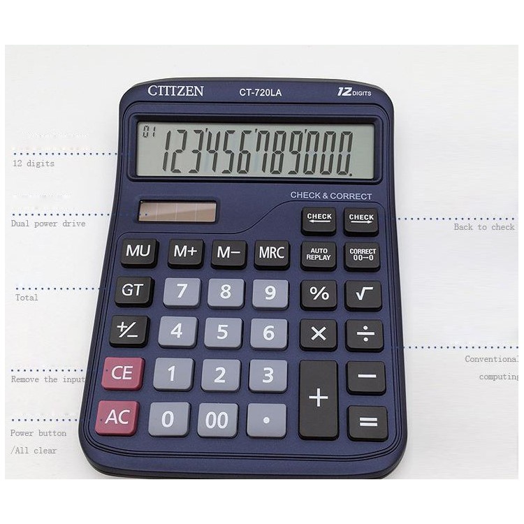 CT-720LA Solar and Battery Dual Power Supply Desktop Calculator - Blue-7