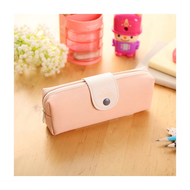 20 x 8 cm Stud-snap Design PU Leather Pencil Bag - Pink-1