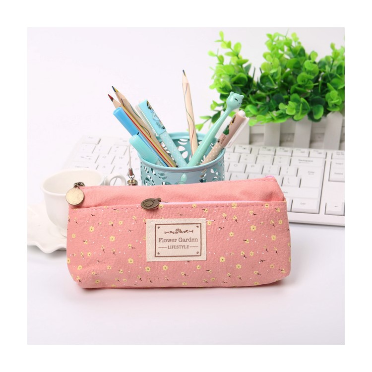 21 x 10.5 cm Floral Pattern Canvas Student Pencil Pouch Bag - Pink-1
