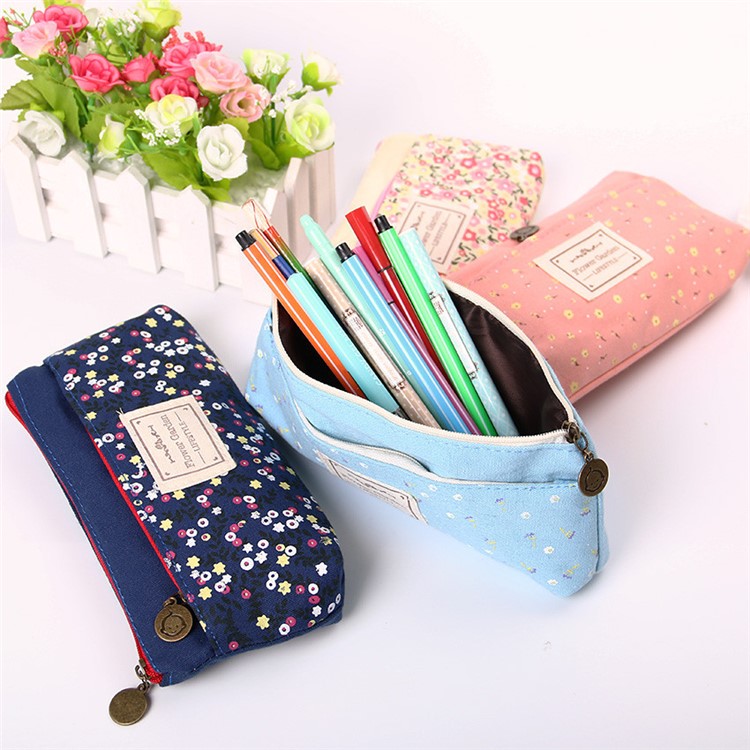21 x 10.5 cm Floral Pattern Canvas Student Pencil Pouch Bag - Pink-2